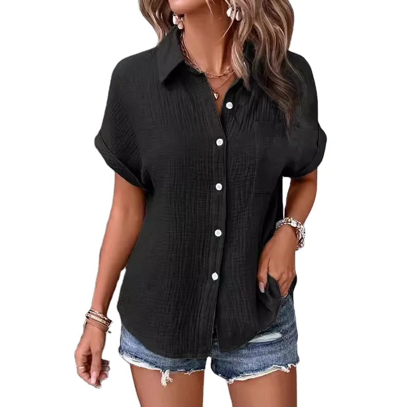 European American Solid Short Sleeve Casual Shirt Women Breathable Gauze Cotton Button up Blouse