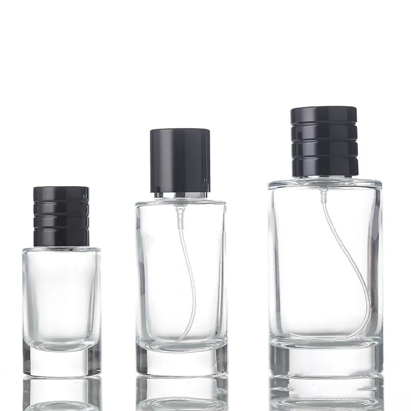 Black Cap Crimp Sprayer Cylinder Shape Empty Perfume Bottle 30ml 50ml Private Label Thick Bottom Glass Spray Fragrance Bottle