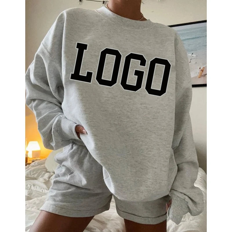 F240123 Custom Women Hoodie Sweatshirt and Shorts Sets Causal Terry Cotton Embroidered Logo Crewneck Sweatshirt and Shorts Se