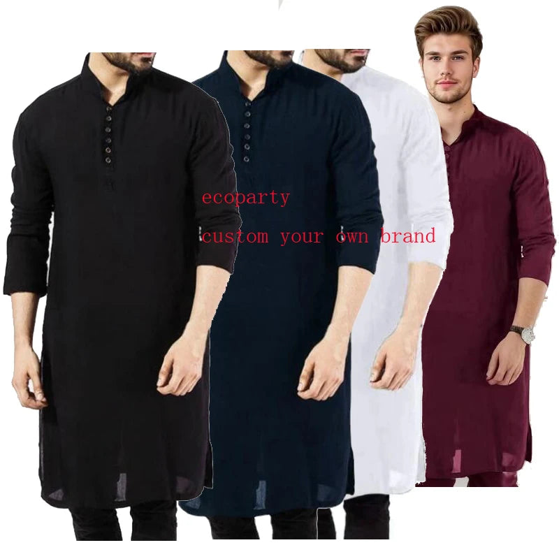 Men Casual Shirt  Long Sleeve Stand Collar Solid Long Style Shirts Streetwear Retro Men Muslim Vintage  Role Play Costume