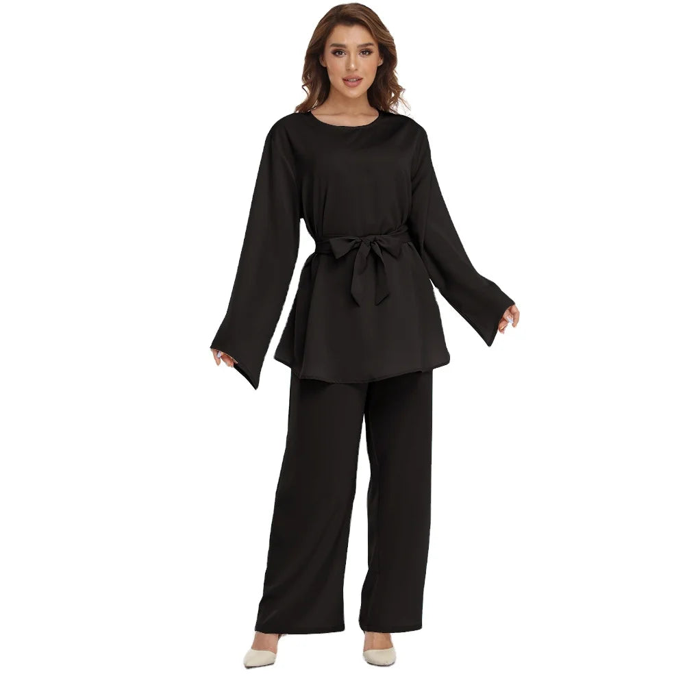 Malaysia Dubai UAE  Simple Design  Plain Color Fabric  2 Piece Sets Top and Pants for  Muslim Girl Office Daily Wear