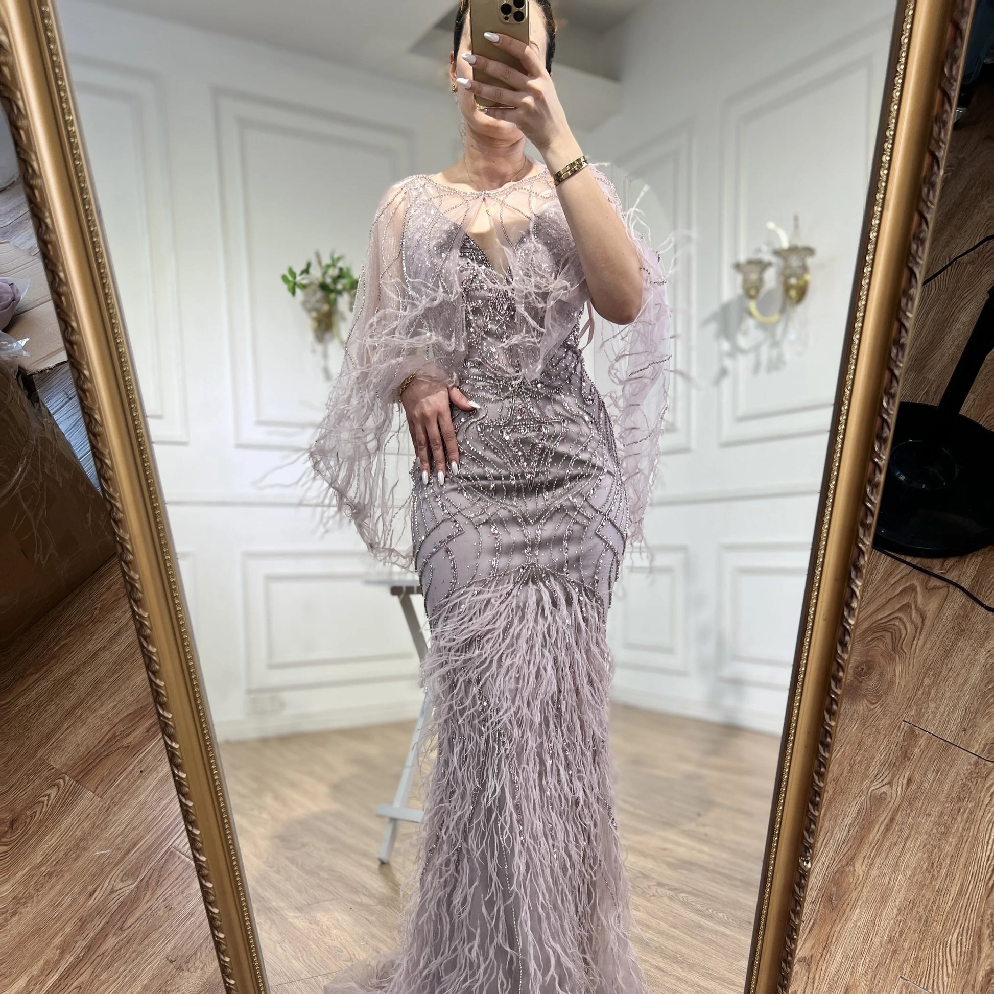 Serene Hill LA71866 Pink V-neck Mermaid Beaded Evening Dress with Cape Formal Wedding Party Gowns for Women