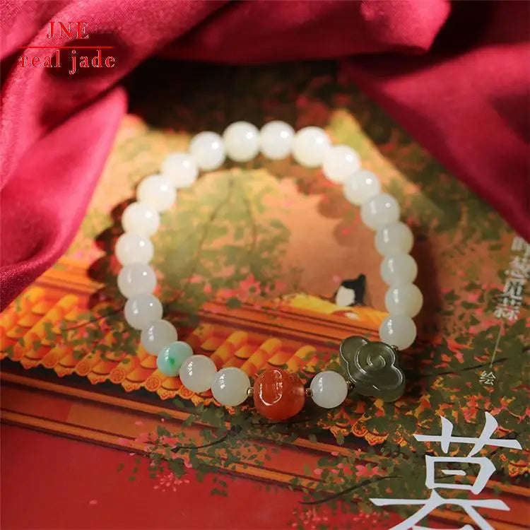Natural Hetian Jade Ruyi Single Ring Bracelet Red Agate Buddha Head Spicy Green Emerald Beads Men's and Women's Bracelets