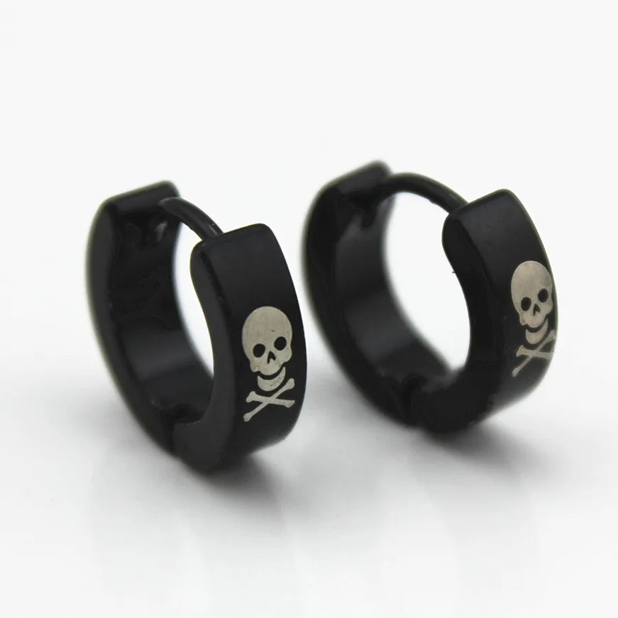 Hot Selling Minimalist 4mm Black Huggie Earrings Personalized Punk Stainless Steel Skull Pattern Small Hoop Earrings for Men