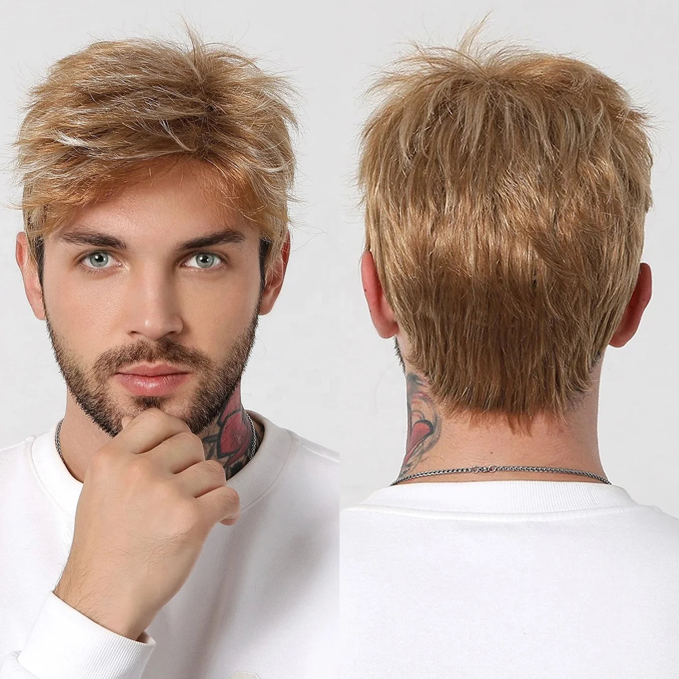 Synthetic Men Wigs Short Pixie Cut Bob Wigs with Bangs Blonde Golden Layered Men's Wig for Daily Cosplay Heat Resistant