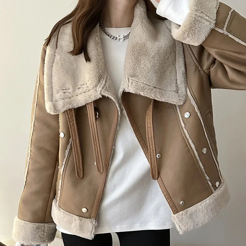 Women's Fashionable 2024 Winter New Design Short Style One-piece Fur Jacket Velvet Thickened PU Leather Vintage Plus Size