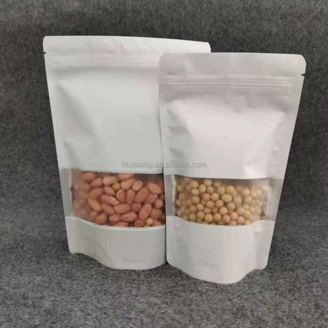 Laminated White Kraft Paper Stand up Pouch Bag  with windows and Zip Lock for Nut Dried Fruit