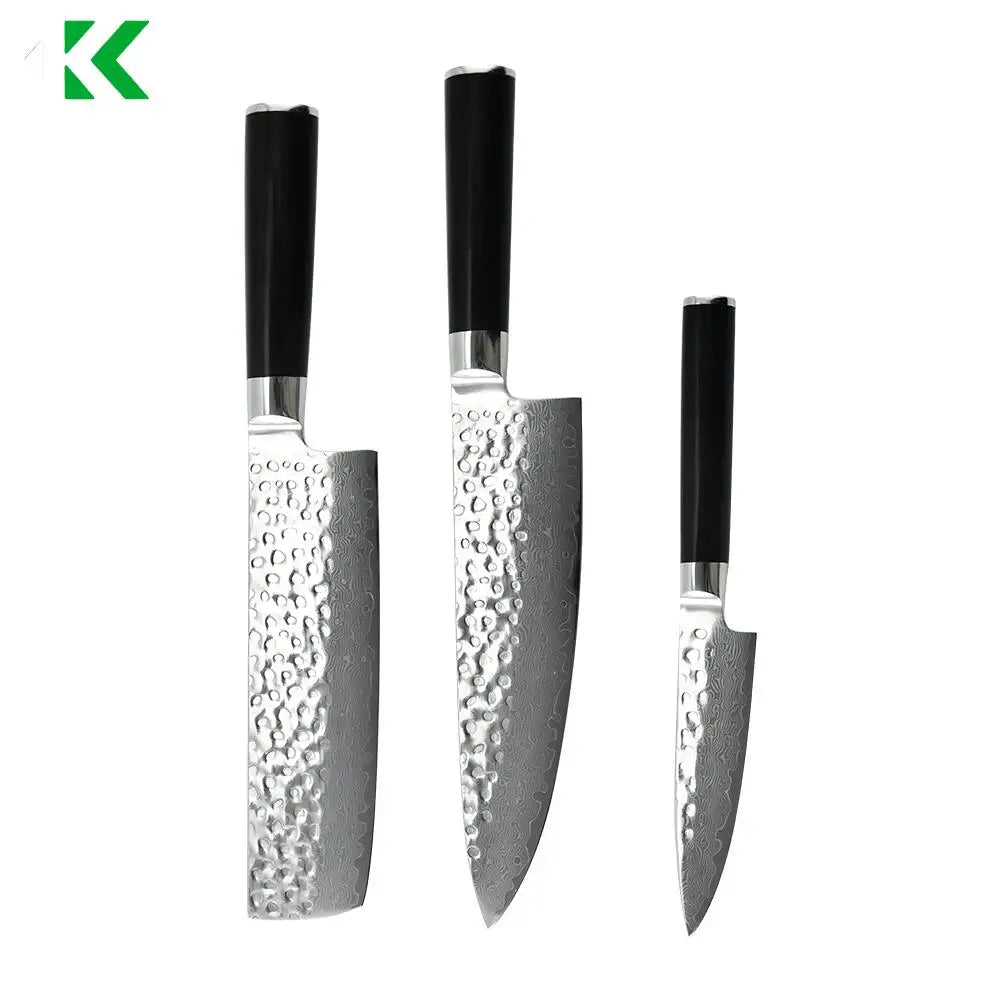 Damascus Messer Set VG10 Steel Hammered Knives Damascus Kitchen Knife  with Ebony Wood Handle