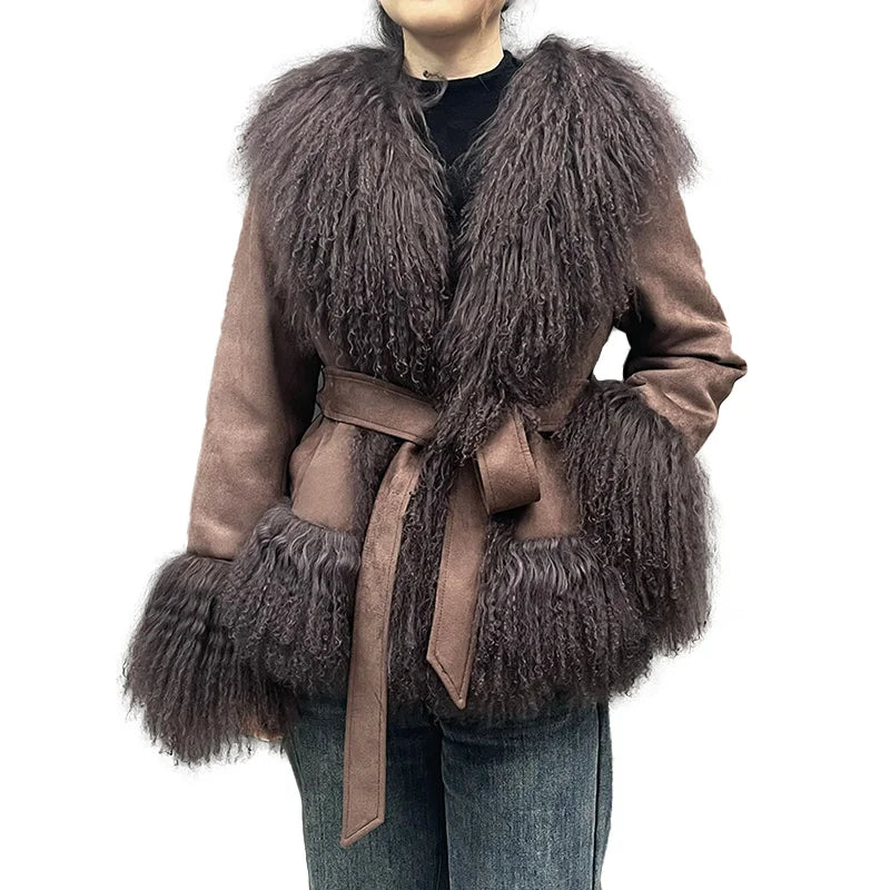 Women Suede Fabric Jacket Mongolian Fur Cuff and Collar Fancy Jackets