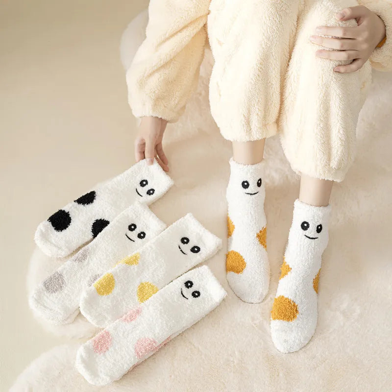 MIO Cute Super Soft Fuzzy Cozy Home Floor Socks Crew Design Cute Smiling Face Coral Fleece Socks Winter Thick Warm Funny Sock