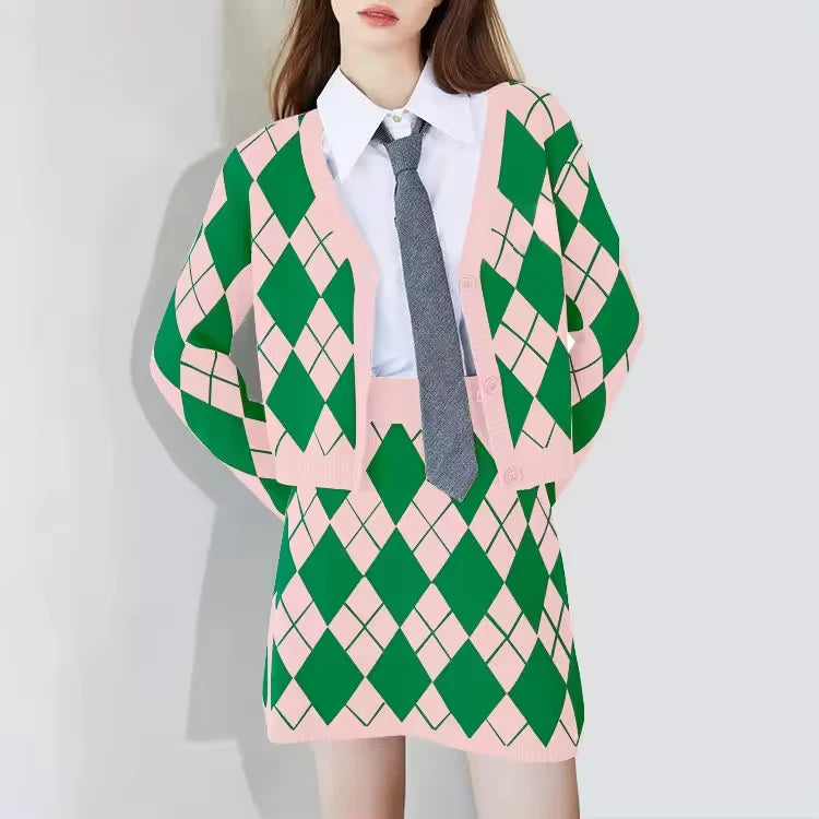 Odm Custom Women's Casual Plaid Sweater 2 Piece Set Long-Sleeved Knitted Cardigan Short Skirt for Winter Front Logo Included