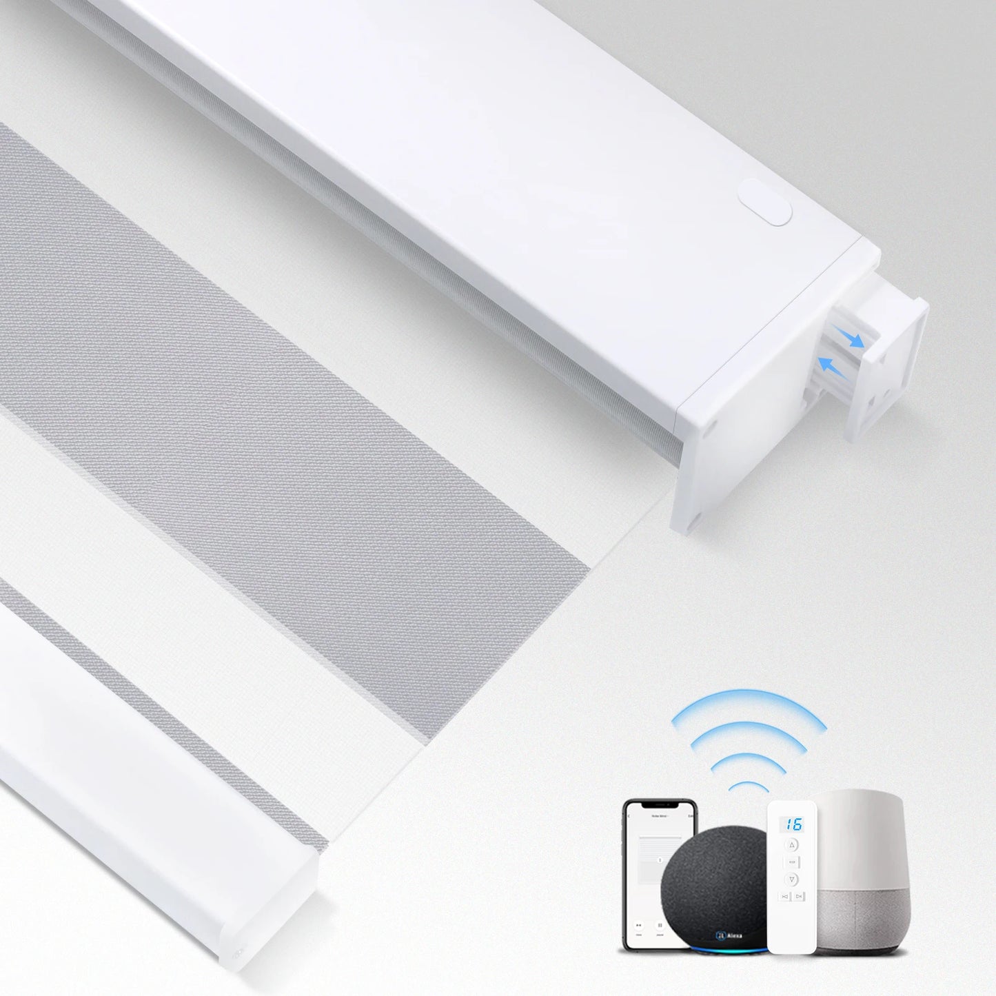No Drill Remote Control Operated Light Filtering Automatic Google Smart Sun Shade Motorized Zebra Blinds for Window