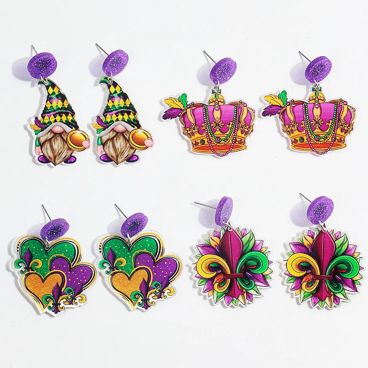 New Green Purple Mardi Gras Yellow Mixed Print Heart Crown Dwarf Sunflower Iris Design Stylish Acrylic Drop Earrings Mardi Gr