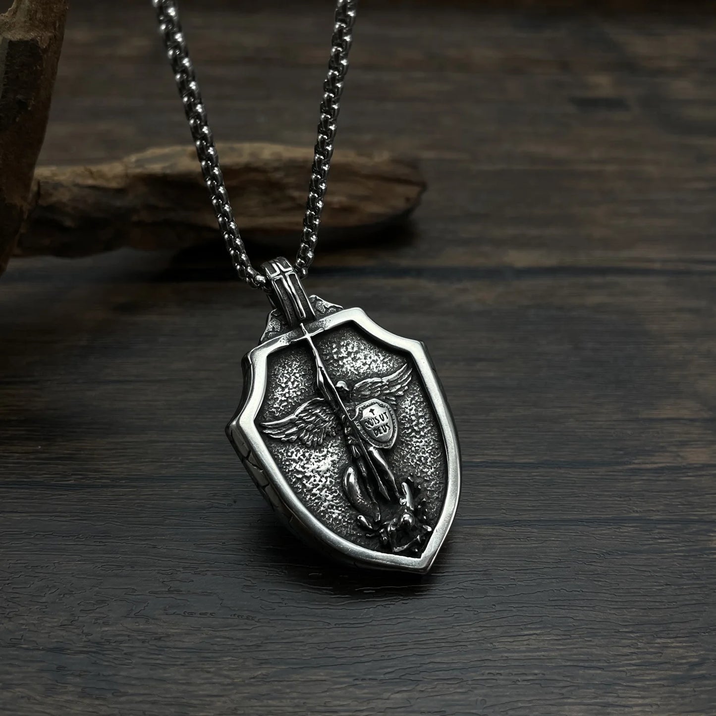 Men's Stainless Steel Flying Angel Warrior Shield St Michael Rosary Pendant Necklace the Archangel Protect Us Token Necklace