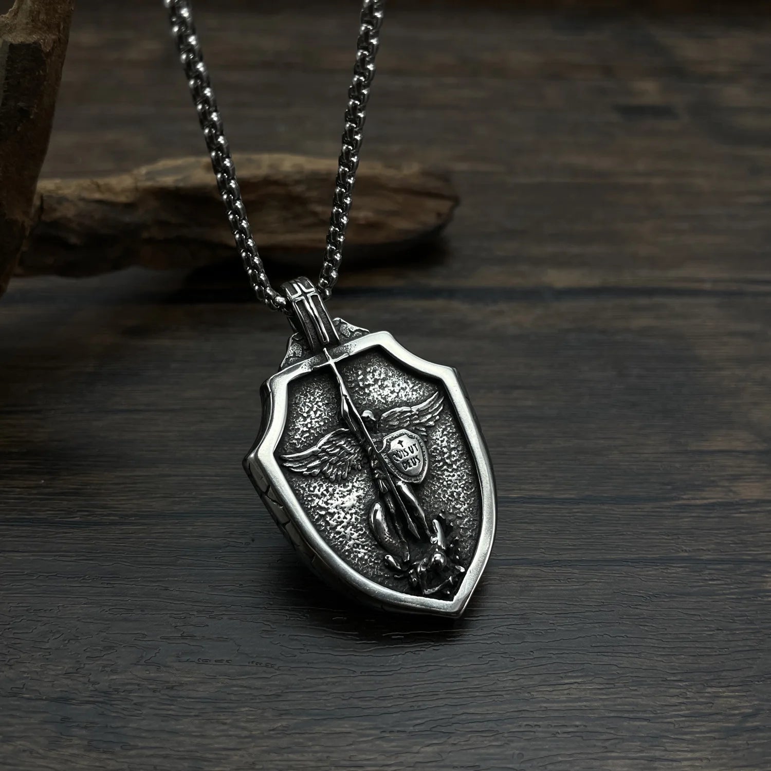 Men's Stainless Steel Flying Angel Warrior Shield St Michael Rosary Pendant Necklace the Archangel Protect Us Token Necklace