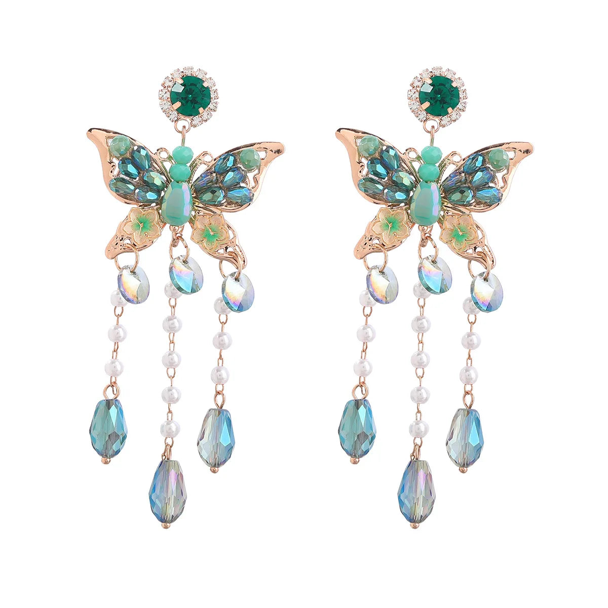 JLE16930 Fashion Crystal Butterfly Earrings Women Pearls Long Earrings Jewelry