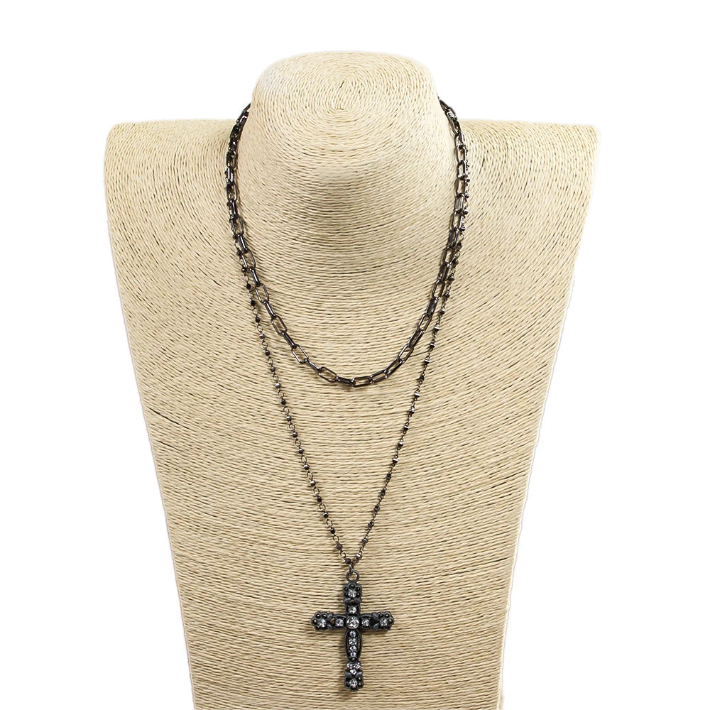 Punk  Link Chain Jewelry 2 Layer Black Gun Plated Alloy Chain Necklace Black Crystal Alloy Cross Pendant Necklace