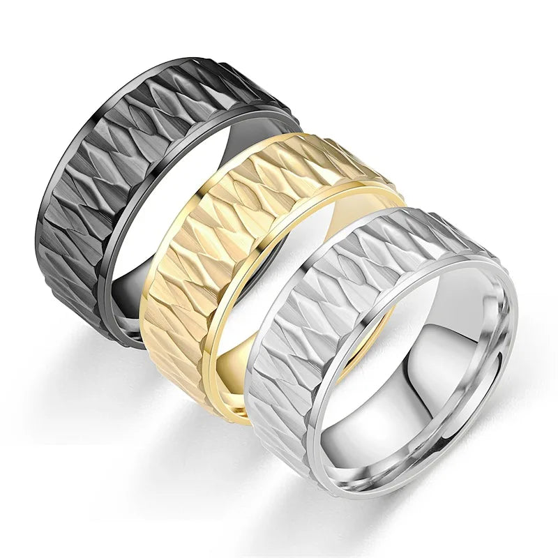 2025 Fashion Trendy 8mm Gold Plated Rings Rhombus Pattern Men Rings Stainless Steel Rings for Men Women