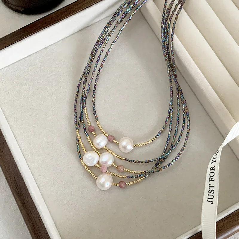 New Natural Freshwater Pearl Rice Bead Beaded Necklace Fashion Baroque Pearl Necklace Boho Beaded Necklace Jewelry for Women