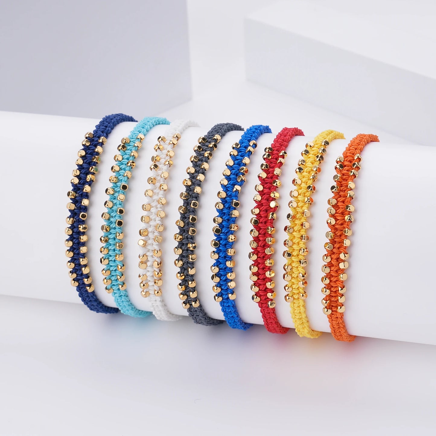 Hand Made Jewelry Adjustable Women Gold Beads Braided Cotton String Woven Bohemian Bracelet Custom