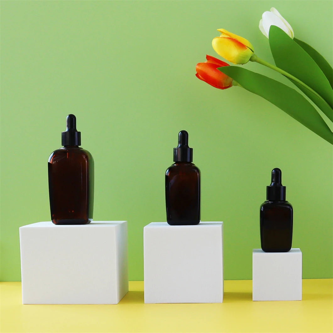 Light Proof Amber Square PETG Dropper Bottle Matte Black Pipette Cap Refillable Custom Logo for Oil Facial Serum Skincare