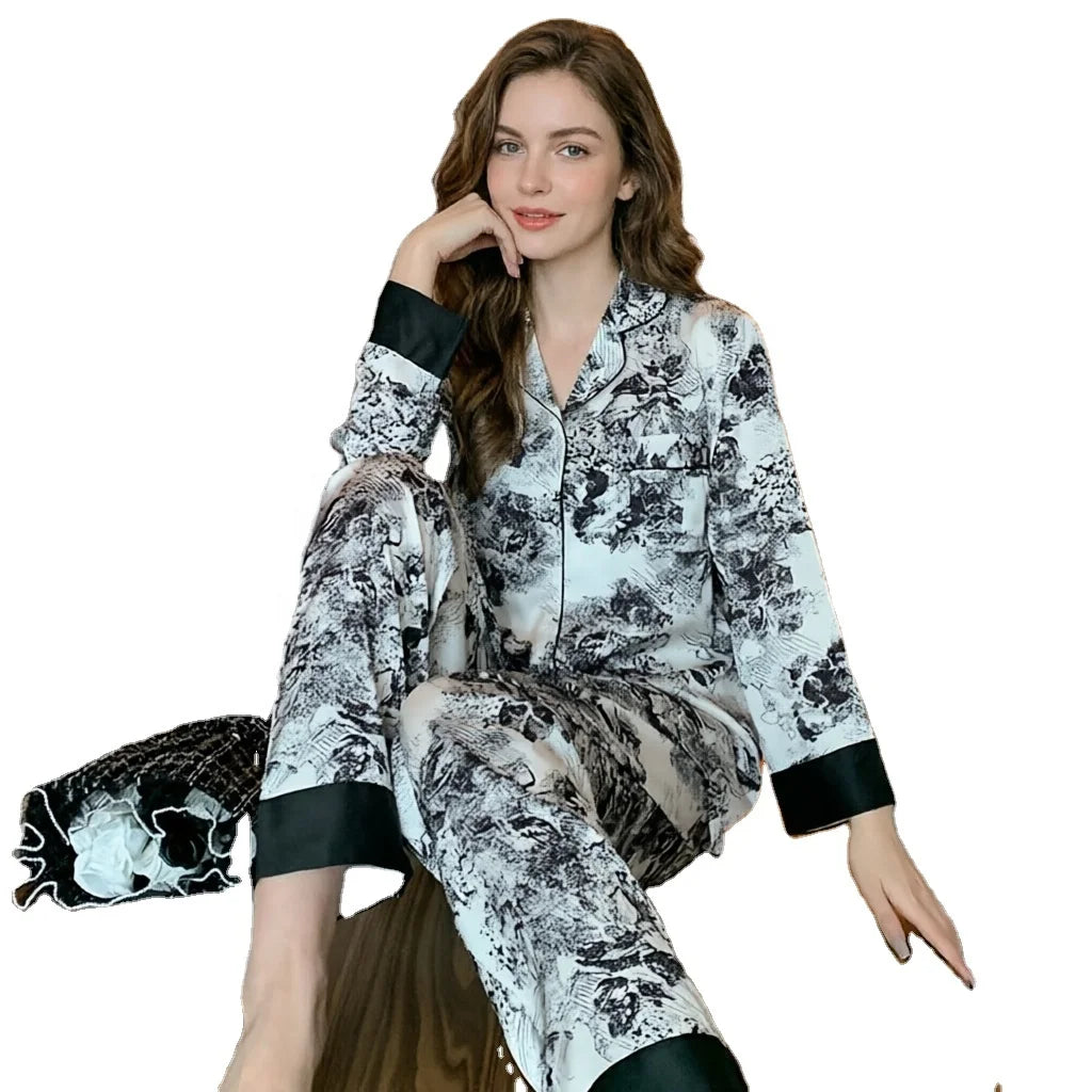 Factory Price and Drop-shipping Chinese Style Long Sleeve Women's Sleepwear Satin Pajamas Asia Size