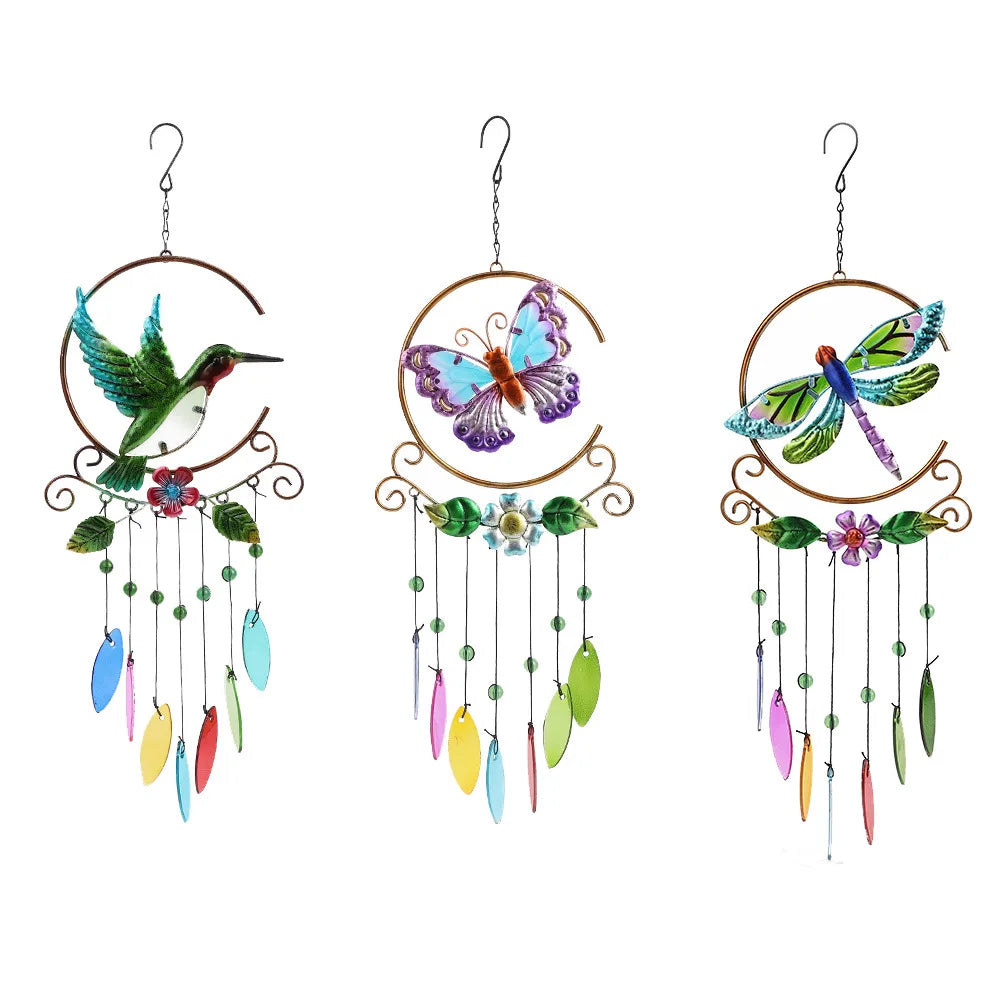 New Arrivals Exquisite Hummingbird Metal Wind Chimes 7 Colors Glass Piece Pendant Creative Unique Iron Craft Hanging Decorati