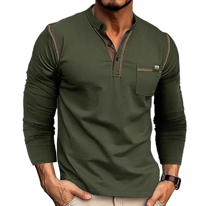 Men's Henley Neck Shirt Long Sleeved T-shirt Patchwork Knitted T-shirt Wholesale Price Clothing for Male