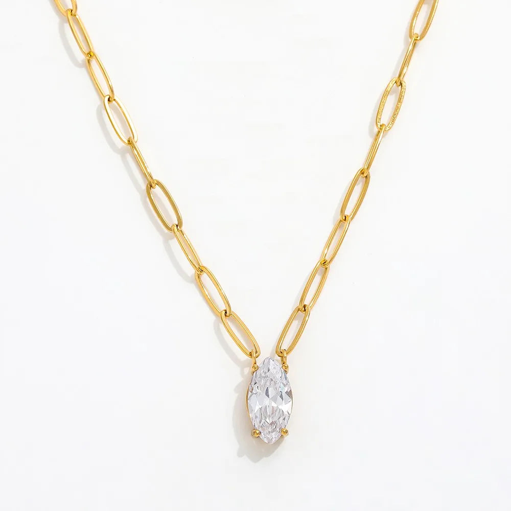 Fenny 18K Gold Plated Dainty Sweety Waterdrop Zirconia Pendant Paper Pin Chain Necklace Stainless Steel Jewelry Wholesale