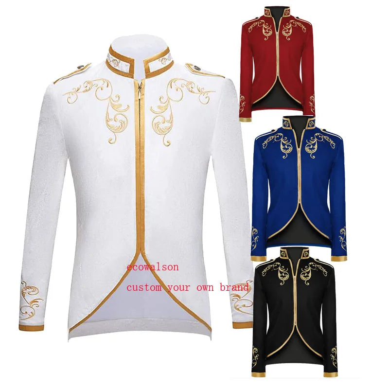 Ecowalson Men's Victorian Vintage Medieval Jacket Coat Embroidery Zip up Stand Collar Prince King Cosplay Costume Blazera Coa