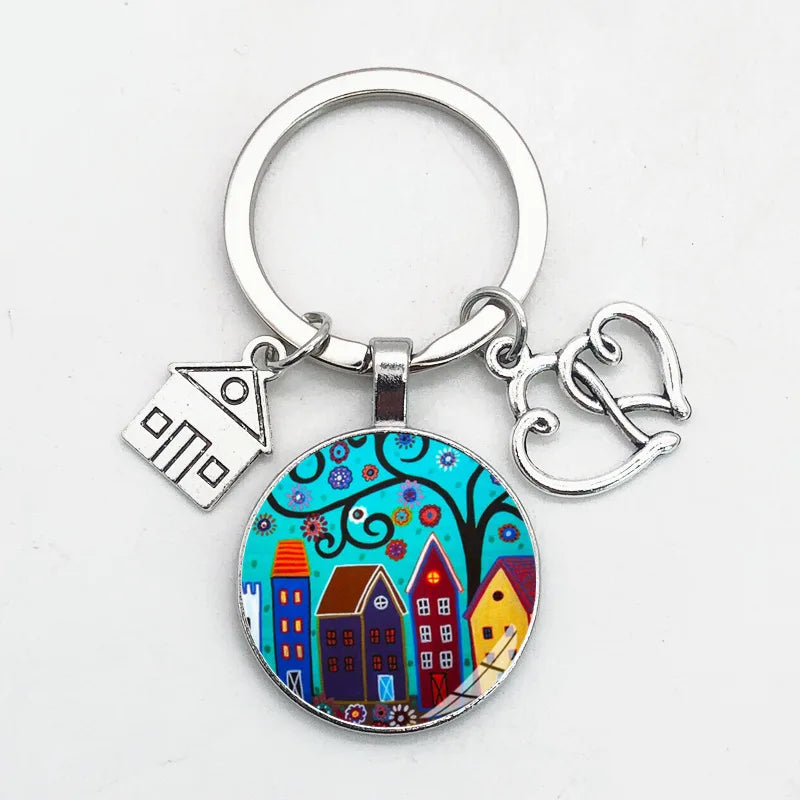 AA0160242 Key to the New House Kechain Beautiful House Under the Starry Sky KeyRing Key Holder New Home Keychain