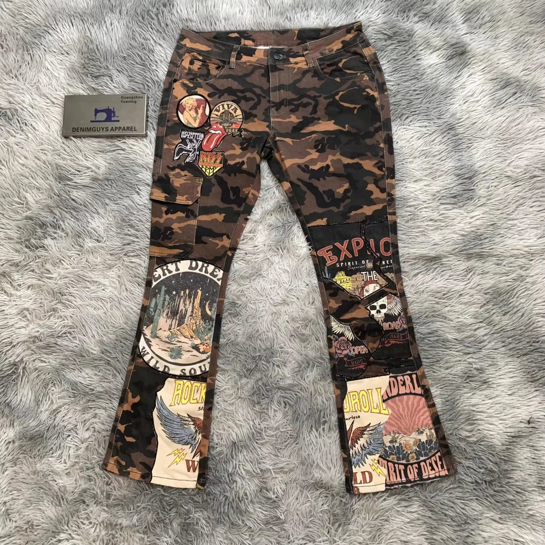 DENIMGUYS Men's Camouflage Flare Cargo Pants Custom Print Patch Bootcut Pants Men High Street Fashion Camo Flared Trousers