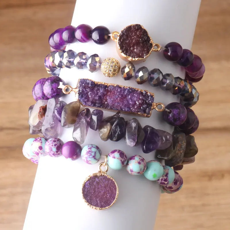 5 PCs/set Bohemian 8mm Gemstone Beaded Bracelet Set for Women Jewelry Healing Crystal Yoga Meditation Healing Stone Bracelet 
