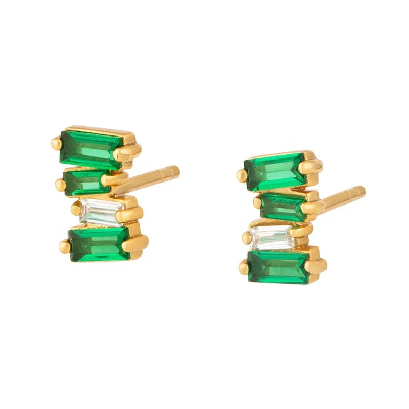 Milskye 14k Gold Plated Fashion Jewelry S925 Jagged baguette Emerald Stacking Stud Earrings