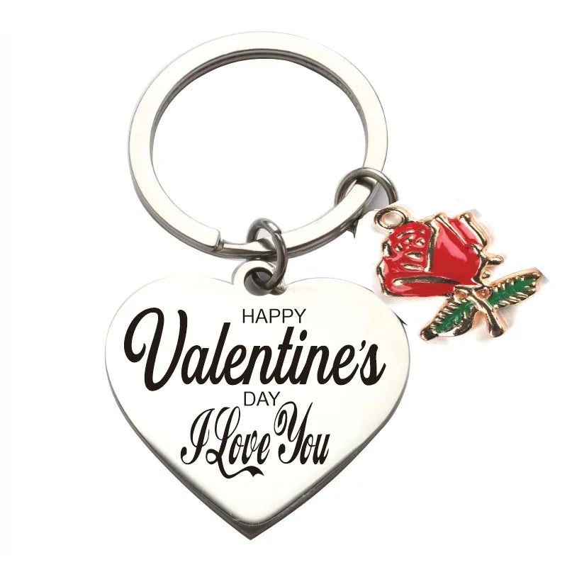 Rose Keychain Engraved Words Flower Bee Keychain Valentine's Day Gifts Stainless Steel Key Chains Lovers Keyrings Heart Keych
