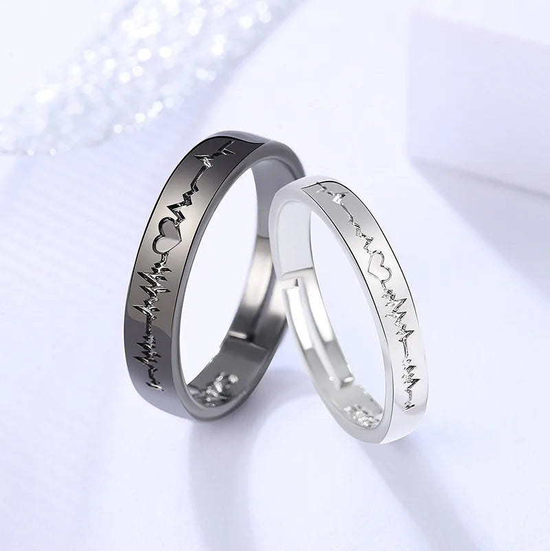 Wholesale Romantic Couple Rings for Women Men Punk Heart ECG Black White Forever Love Promise Wedding Ring Valentine'S Day Gi