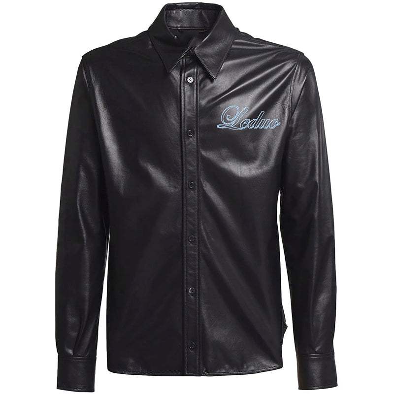 Wholesale Customized Logo Men's Mandarin Collar Anti-Wrinkle Anti-Shrink Button Casual Full Sleeve Synthetic Leather Shirt Bl