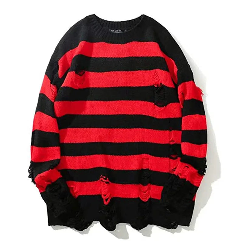 Black Red Striped Sweaters Washed Destroyed Ripped Sweater Crew Neck Men Hole Knit Jumpers Men Women Oversized Sweater Haraju