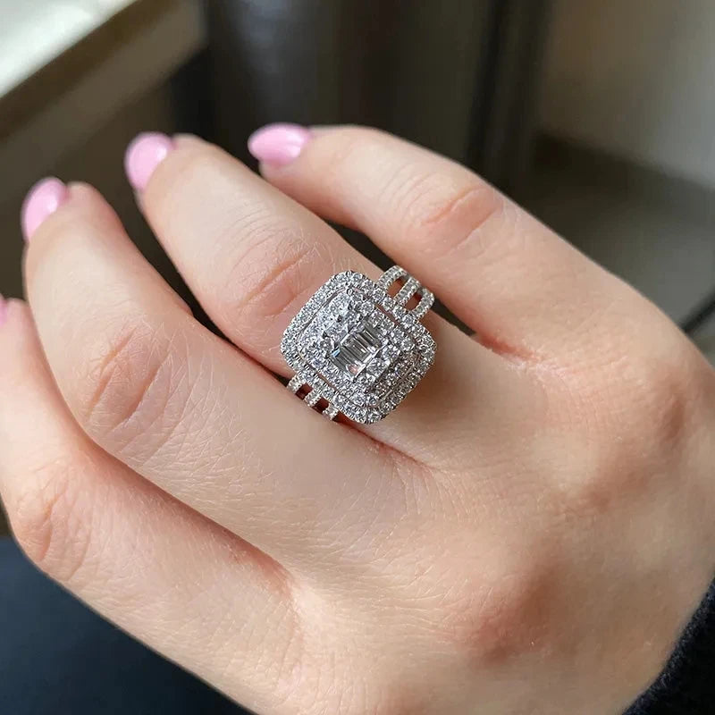 CAOSHI Gorgeous Women Rings Full with Geometric Cubic Zirconia Imitate Rhodium Plated Female for New Wedding Bridal Rings