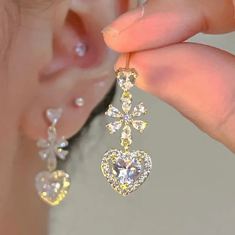 CAOSHI 18K Gold Plating Heart Pendant Earrings Female Bright Cubic Zirconia Wedding Engagement Long Drop Earrings Bridal Wome