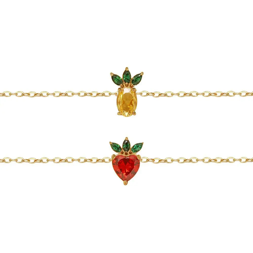 18K PVD Gold Plated Waterproof Stainless Steel Fruit Ananas Strawberry Colorful Zirconia Bracelet for Women Wholesale Jewelry