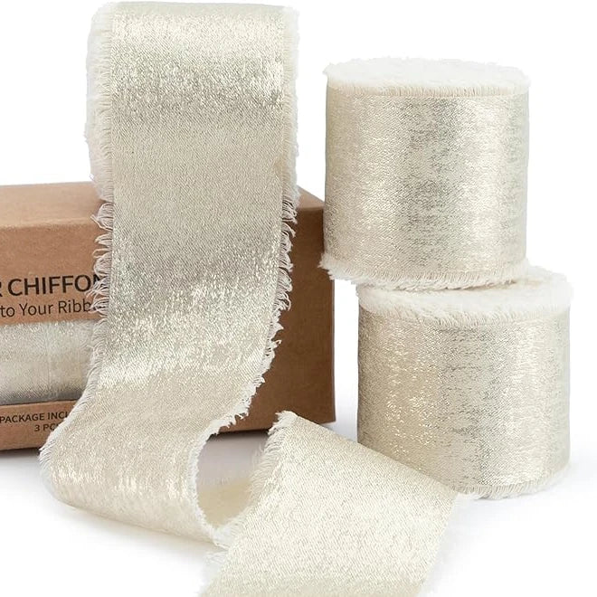 Champagne Gold 4cm Luxurious Unique Shimmery Gold Silk Gift Ribbon Printed Metallic Frayed Edge Chiffon Ribbon for Wrapping