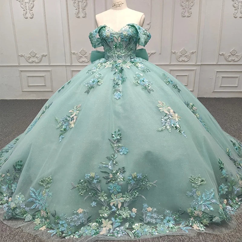 Jancember DY9916 Glitter Lace 2022 Off Shoulder  Ball Gown Party Evening Dress for Women