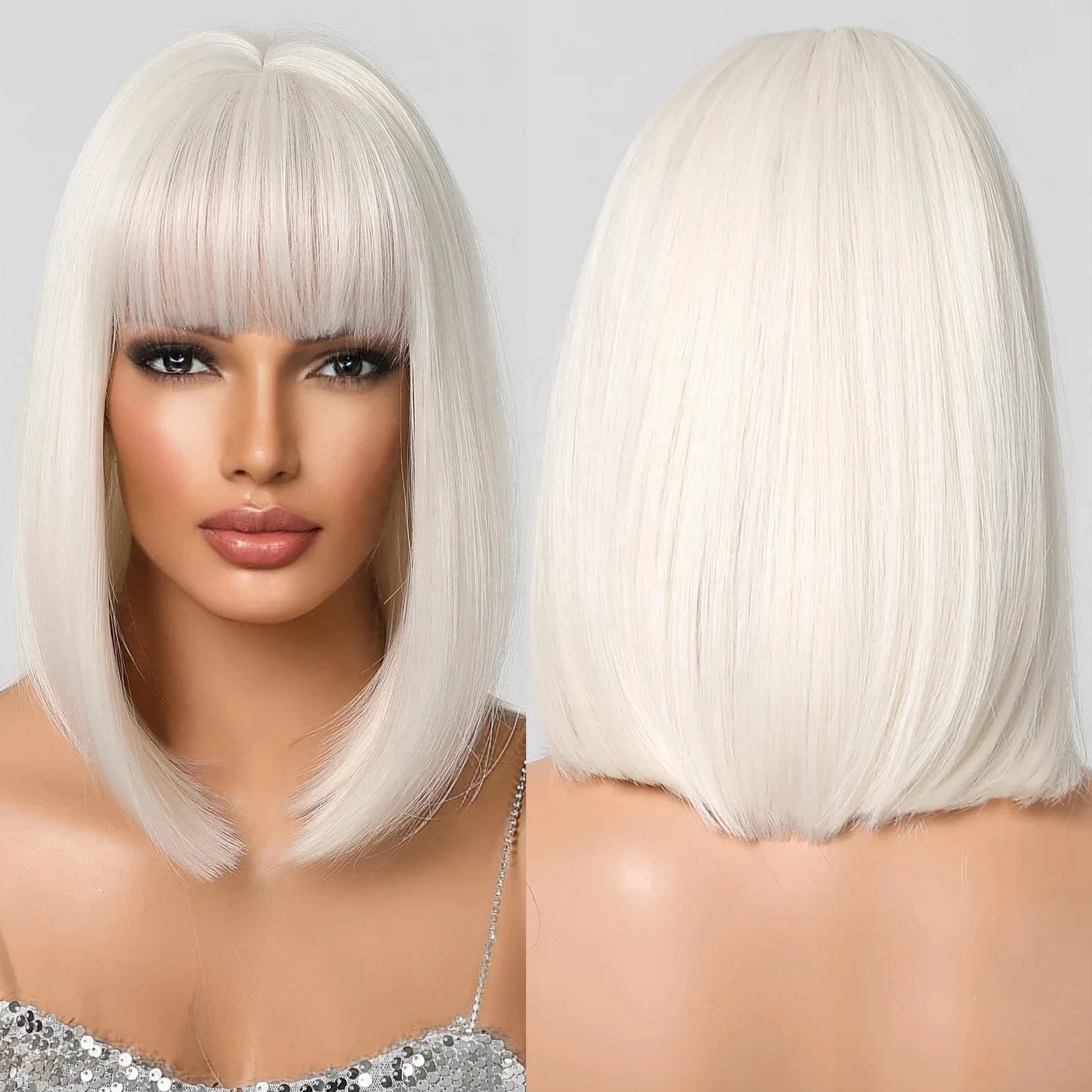 Short White Straight Bob Hair Wigs With Bangs Heat Resistant Synthetic Wigs for Women Light Christmas Cosplay Wigs