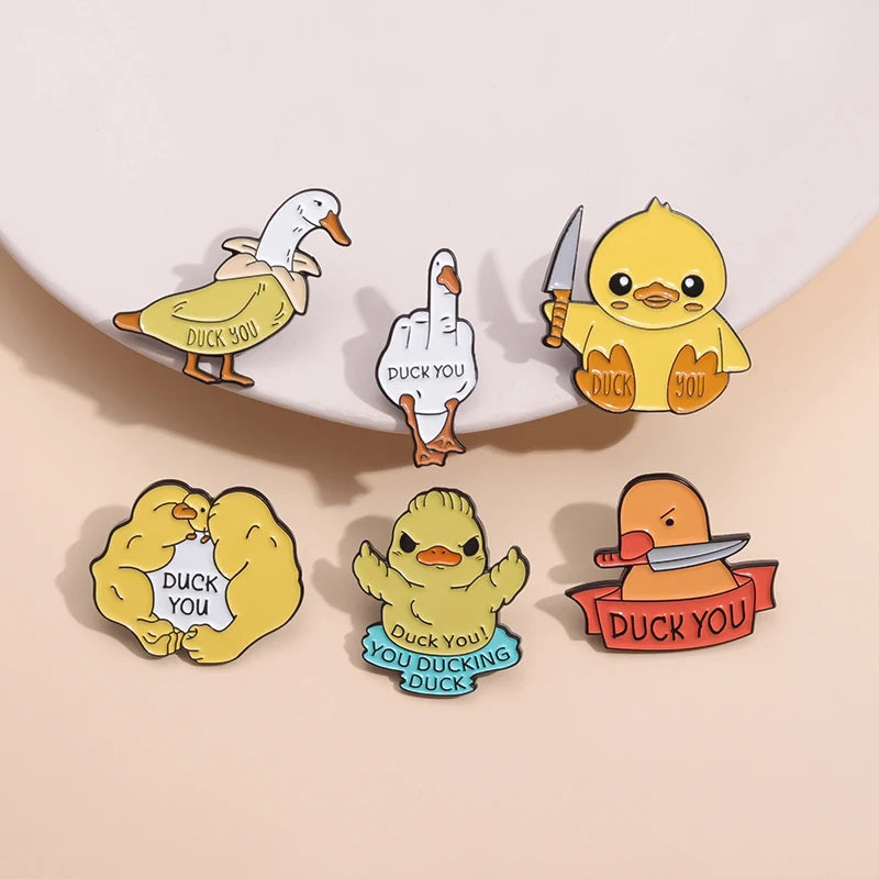 Cartoon Animal Duck Metal Plated Soft Enamel Pins Embossing Printing 100% Brand New Ready Ship Funny Middle Finger Brooch Lap
