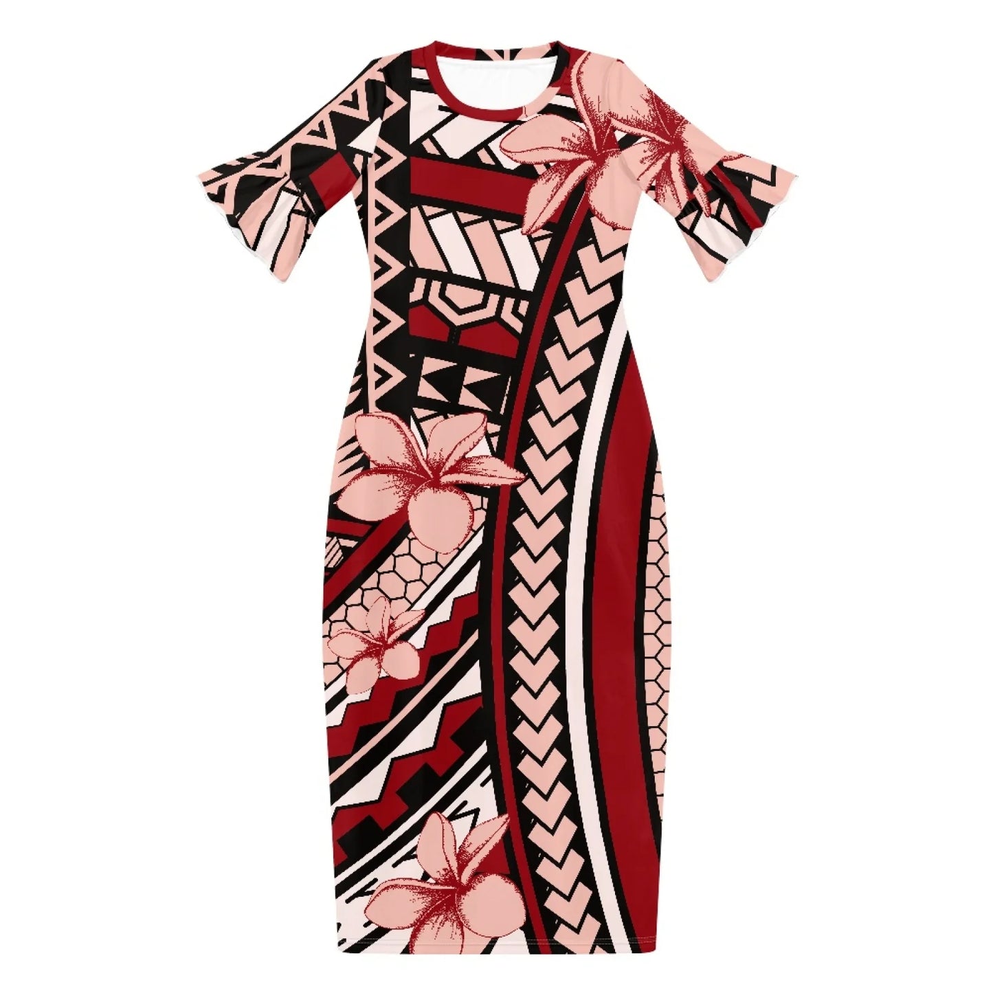 2025 Polynesian Party Dress for Women Bohemian Sun Dress Roundneck Ruffle Puff Sleeve High Waist Loose Fit Sweet for Spring