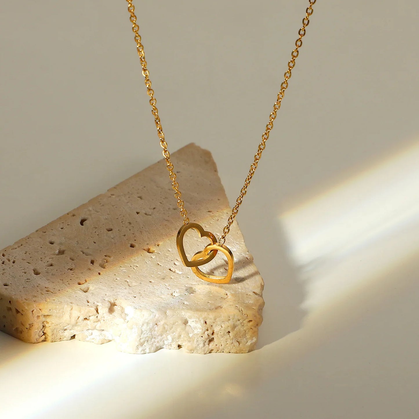 Romantic Christian Wedding Party Gifts Stainless Steel 18K Gold Plated Zircon Choker Chain Double Love Heart Ring Pendant