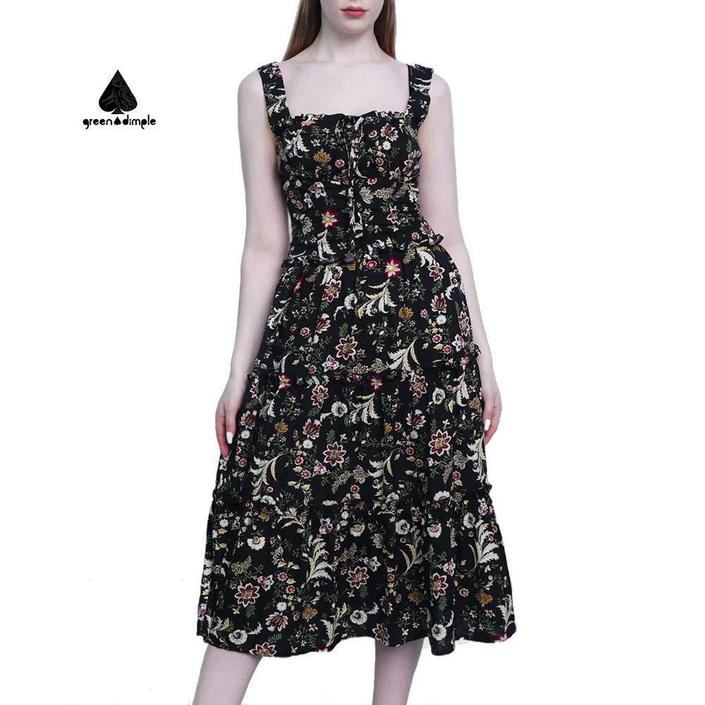 OEM ODM Women's Casual Floral Sleeveless Midi Dress Boho Loose Dress Cempire Waist Cottagecore Dress