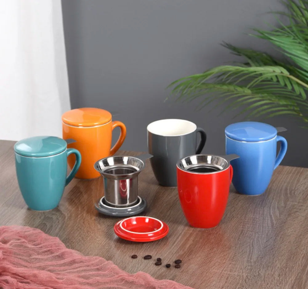 Matte 350ml/450ml Customized Porcelain Ceramic Mug Set with Stainless Steel Infuser for Travel Coffee/Tea Drinking