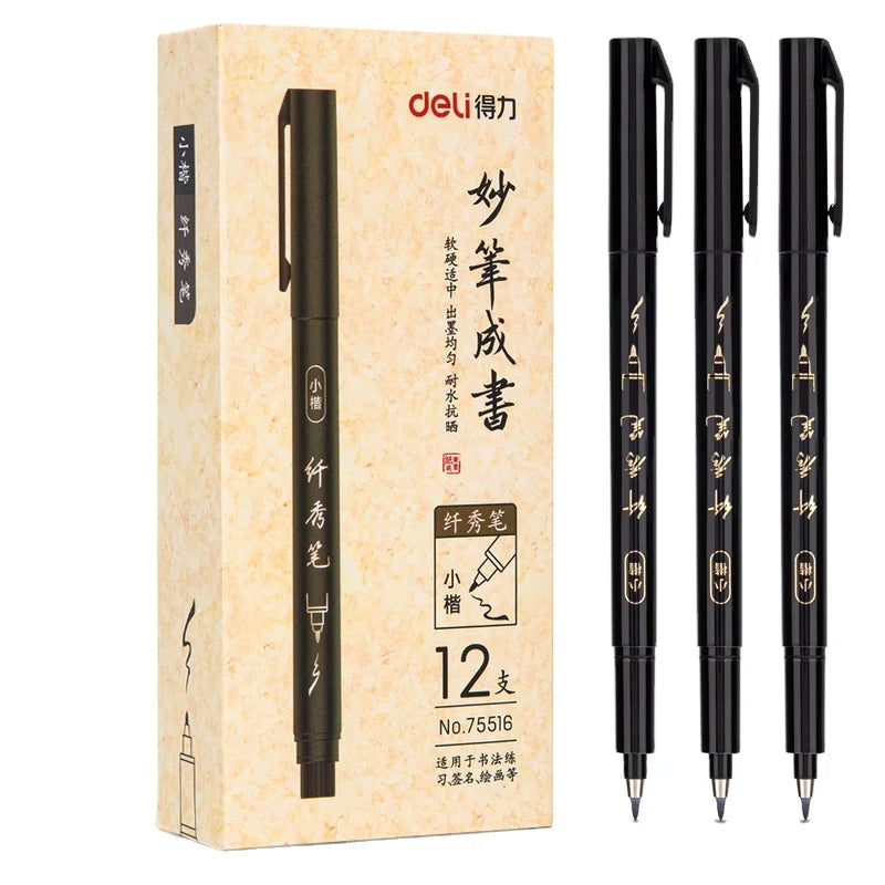 Deli 75516 12pcs/box Black Students Calligraphy Practice Pen Office Signature Pen 96box*12pcs/box=1152pcs Per Carton Set